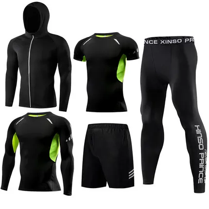 Fitness suit men's basketball tights training suit running gym fast dry spring and autumn five-piece set - Цвет: Фиолетовый