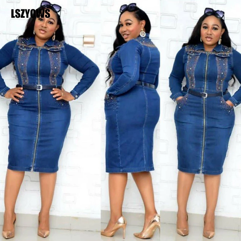 

2021 Vintage Denim Dresses Women Long Sleeve Zipper Up Pearls Party Dress Casual Office Lady Pencil Bodycon Dress Plus Size 5xl