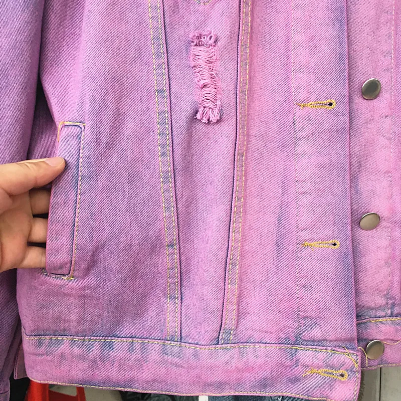 

Harajuku Street Style Ombre Wash Oversized Frayed Denim Jacket For Women Faded Purple Jeans Jacket Grunge veste femme