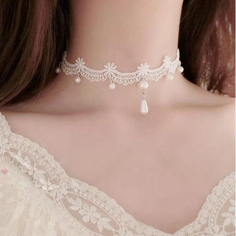 

Women Elegant Vintage Imitation Pearl Fashion White Lace Statement Choker Necklaces Bridal Jewelry For Girl