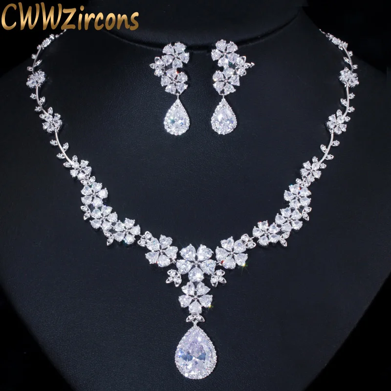 CWWZircons Новая мода свадебный цветок ожерелье и серьги кубический цирконий женские свадебные ювелирные комплекты для невест T108