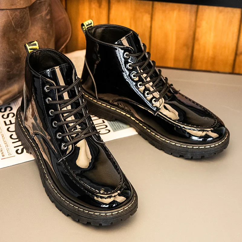 

New Black Ankle Boots Men High Casual Shoes Autumn Waterproof Glitter Leather Shoes Chunky Luxury Man Martin Boots hommes bottes