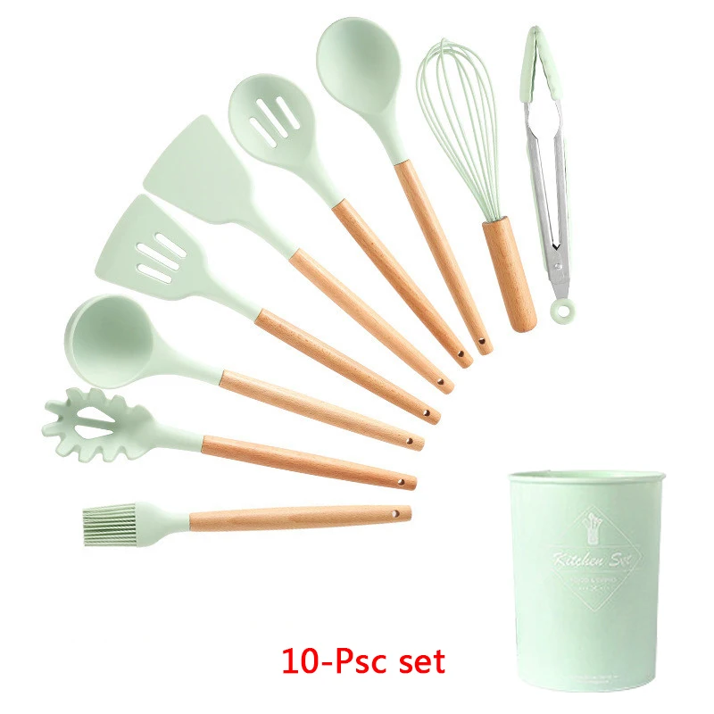 10-Pcs kitchen set 11-13 шт Силиконовая кухонная утварь набор кухонной утвари антипригарный шпатель Премиум деревянная ручка с ящиком для хранения кухонные инструменты - Цвет: 10-Pcs kitchen set