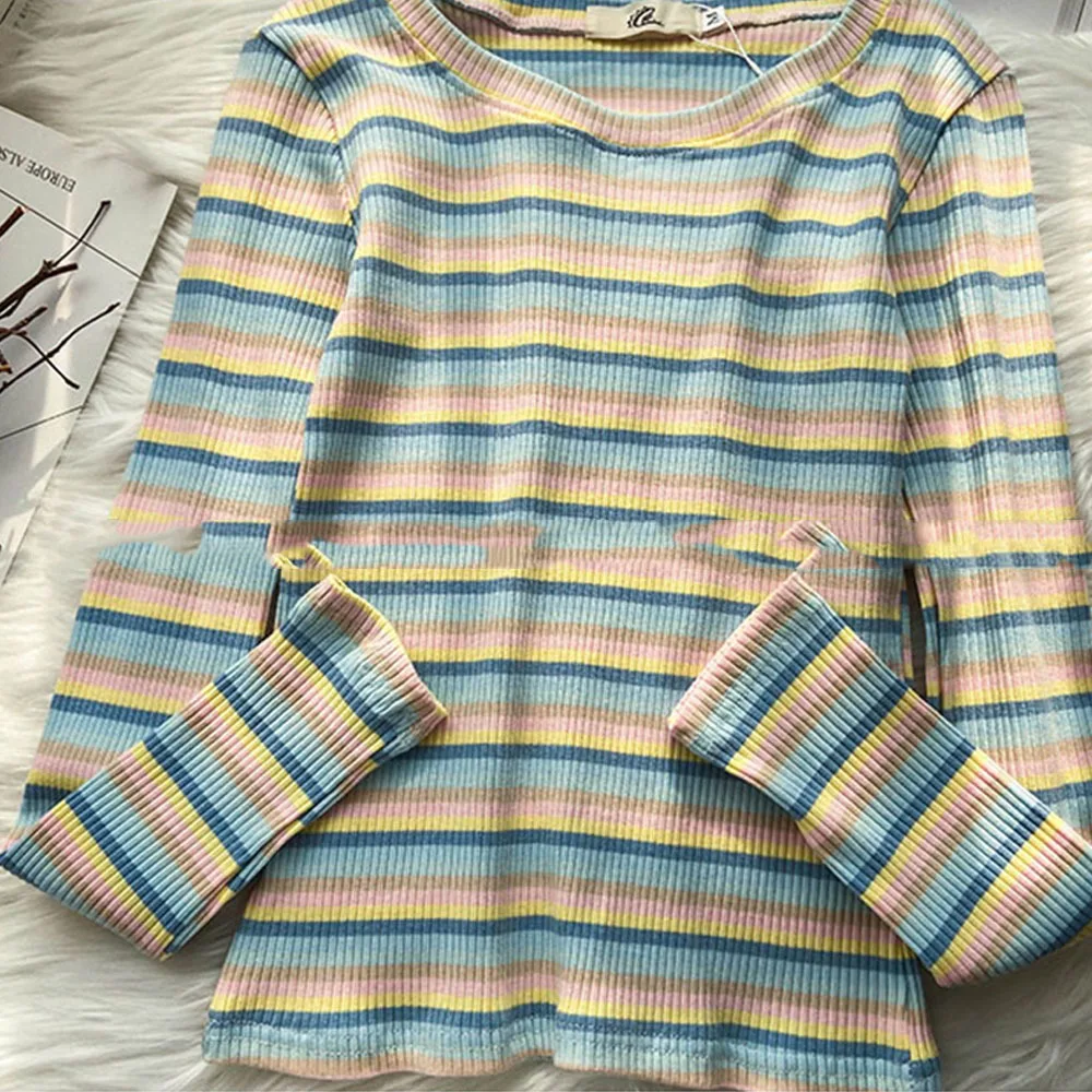 

Women Rainbow Striped Thin Sweater New Fall Winter 2021 Base Pullover Warm Slim Long Sleeve O Neck Knitted Short Tops