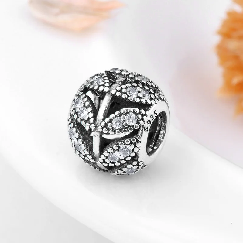 Аутентичные 925 пробы серебряные сверкающие листья дерева полые CZ бусины подходят