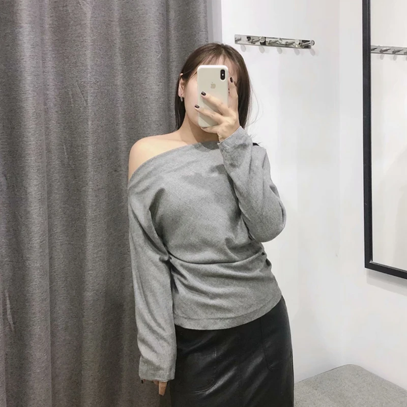 

OLOMM Women T-Shirts Sexy All-Match Off Shoulder Sexy Short Tees Asymmetric Casual Solid Party Long Sleeve Top Female