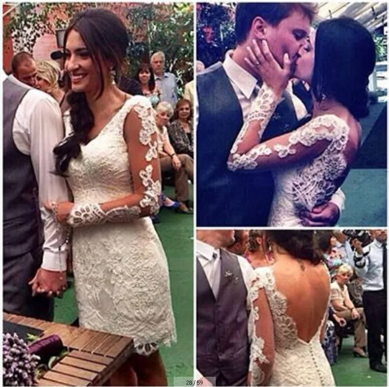 

vestido de festa Vintage Lace Backless vestido de noiva Short bridal gown with Long Sleeve 2018 mother of the bride dresses