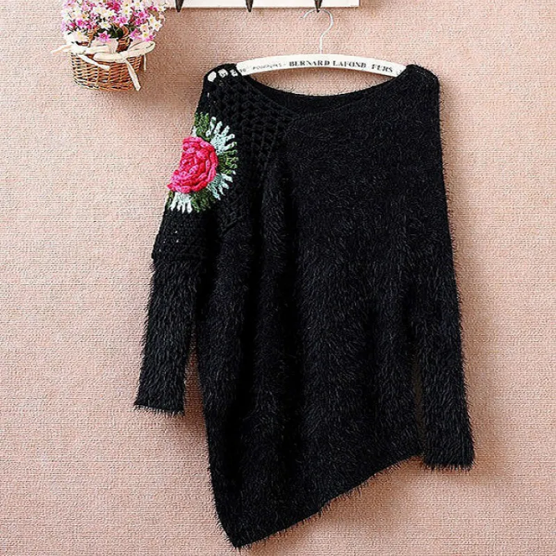 

European American V-neck Temperament Stretch Sweater Goddess Fan Hollow Hook Fashion Fresh Sweet Rose Plush Irregular Sweater
