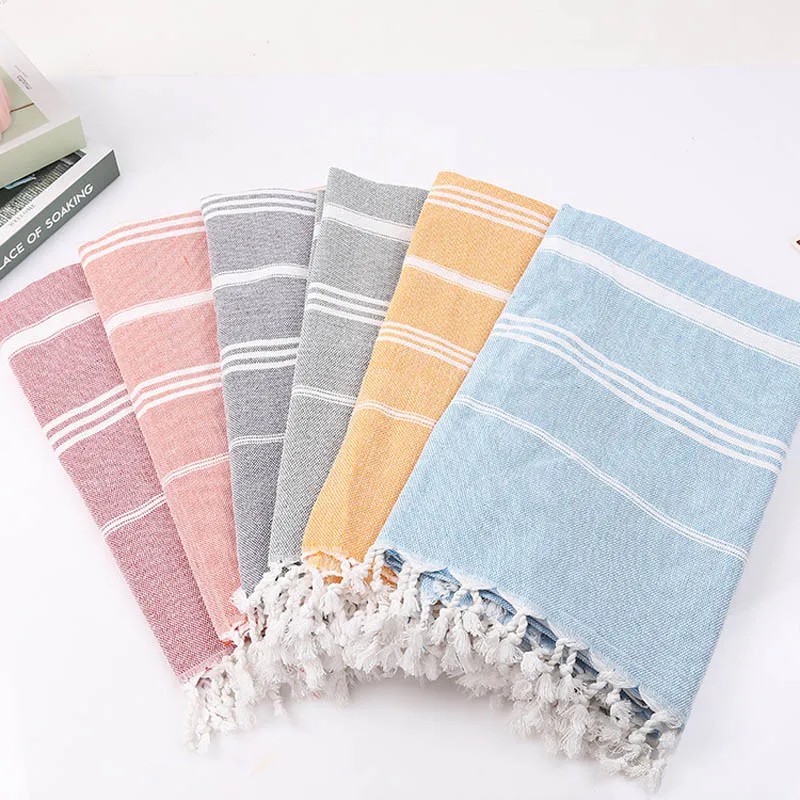 

Striped Cotton Turkish Sports Bath Towel with Tassels Travel Gym Camping Sauna Beach Pool Blanket Absorbent Easy Care