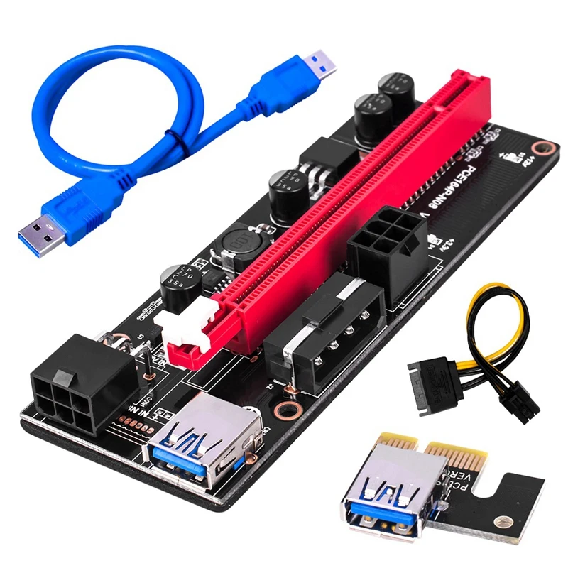 

5 шт., Райзер Ver009 USB 3,0 Pci-E, Райзер Ver009S Express 1X 4X 8X 16X, Райзер-адаптер, карта Sata, кабель питания от 15Pin до 6 Pin