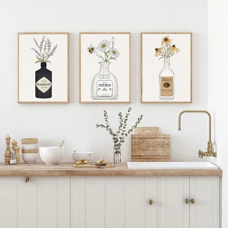 

Минимализм цветочный Джин вино современные винтажные плакаты печать на кухне настенная живопись на холсте картины для спальни Бар Декор дл...