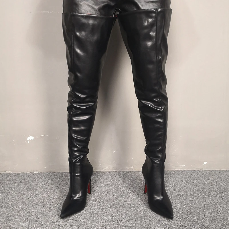 Женские сапоги выше колена винного цвета с острым носком на тонком высоком