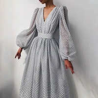 belt transparent sexy polka dot chiffon womens deep v neck retro dress mesh organza elegant summer womens casual long clothes