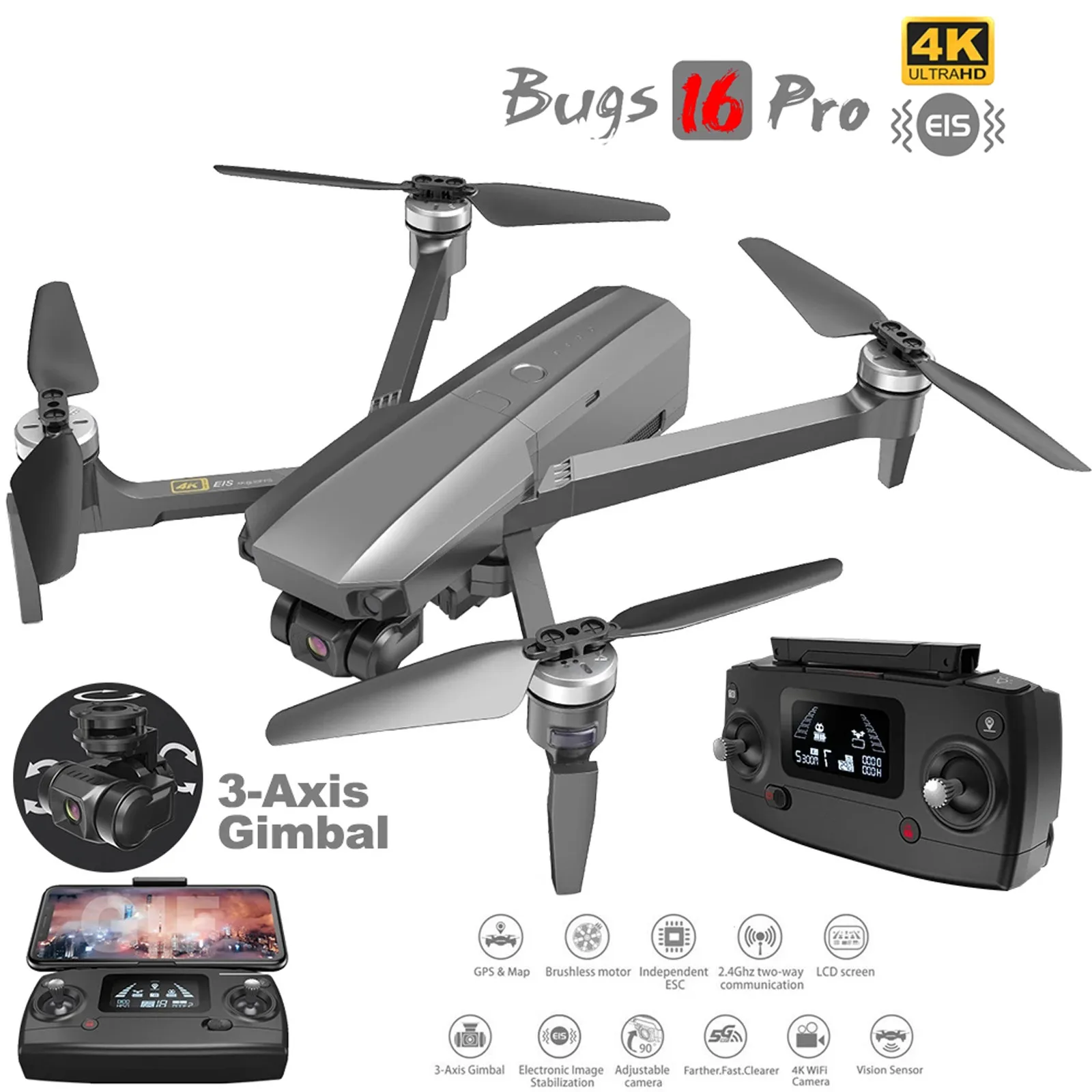 

Дрон MJX Bugs B16 PRO GPS с HD-камерой 4K, 3-осевой Квадрокоптер с шарнирным подвесом, EIS противоударный профессиональный фотоаппарат, Wi-Fi, FPV Дрон с быст...