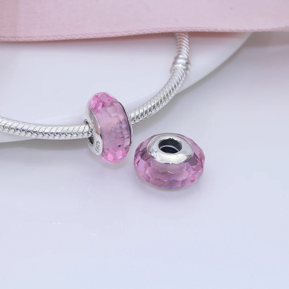 

Fit Original Pandora charms bracelet beads S925 sterling silver Faceted pink colored glass beads women's popular jewelry