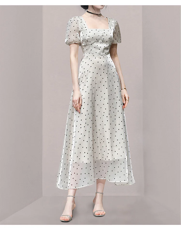 

V-neck Slimming Waist Trimming Short-Sleeved Slim-Fit Dress Elegant Polka Dot Midi Dress A- line Skirt