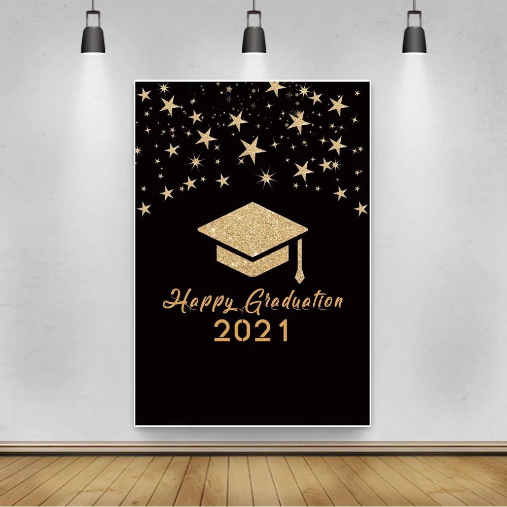

Golden 2021 Happy Graduation Party Photography Background Decor Celebration Ceremony Photocall Backdrop for Photo Studio