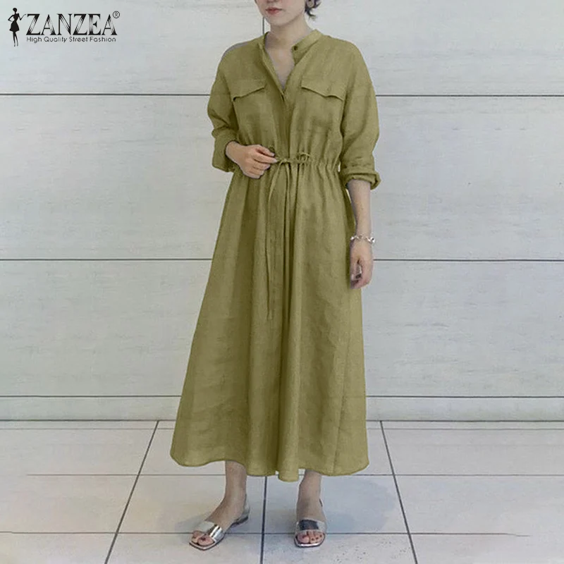 

Элегантное женское однотонное платье-рубашка ZANZEA, Осеннее вечернее платье с длинным рукавом и кулиской, повседневный свободный сарафан бол...