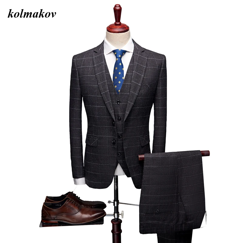

KOLMAKOV New Arrival Style Men Three-pieces Suits Business Casual Single Breasted Men's Slim Plaid Wedding Dress Suits Blazers