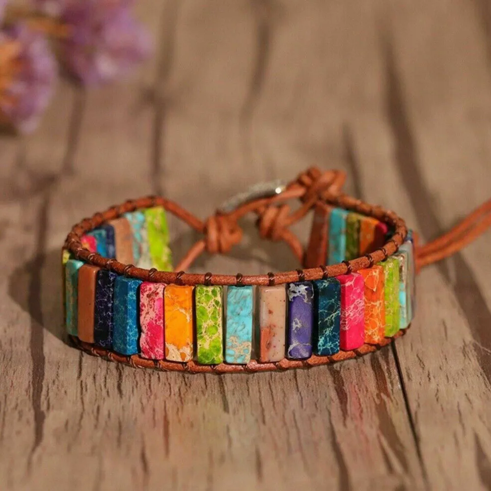 7 Chakren красочные Императорский камень браслет ручной работы из кожи Канатный с