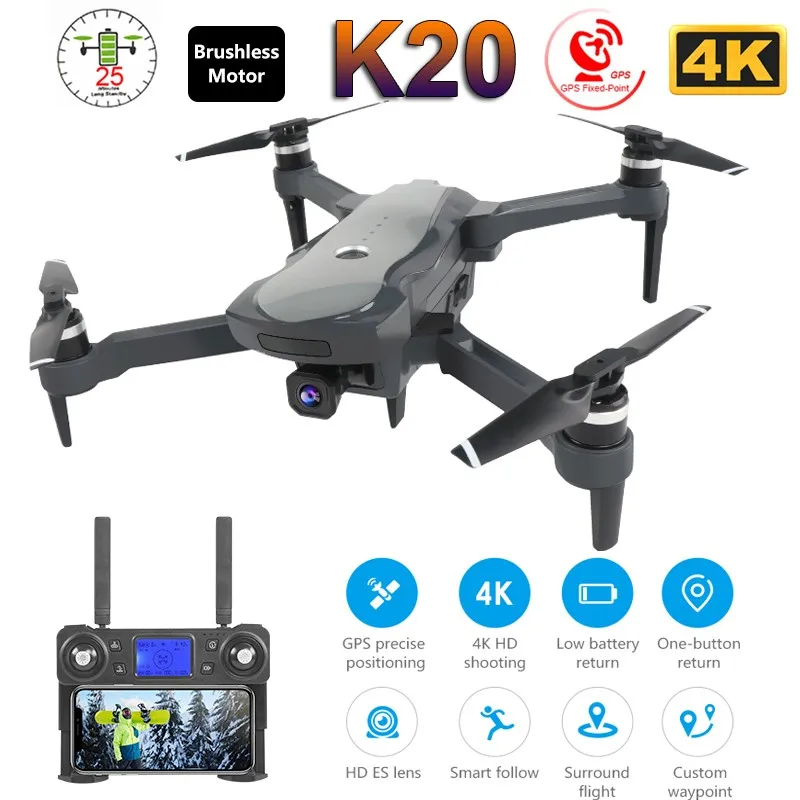 

Дрон K20, складной, камера 4K HD, двойная, GPS, возврат одной кнопкой, режим «без головы», FPV, 2021 подарки