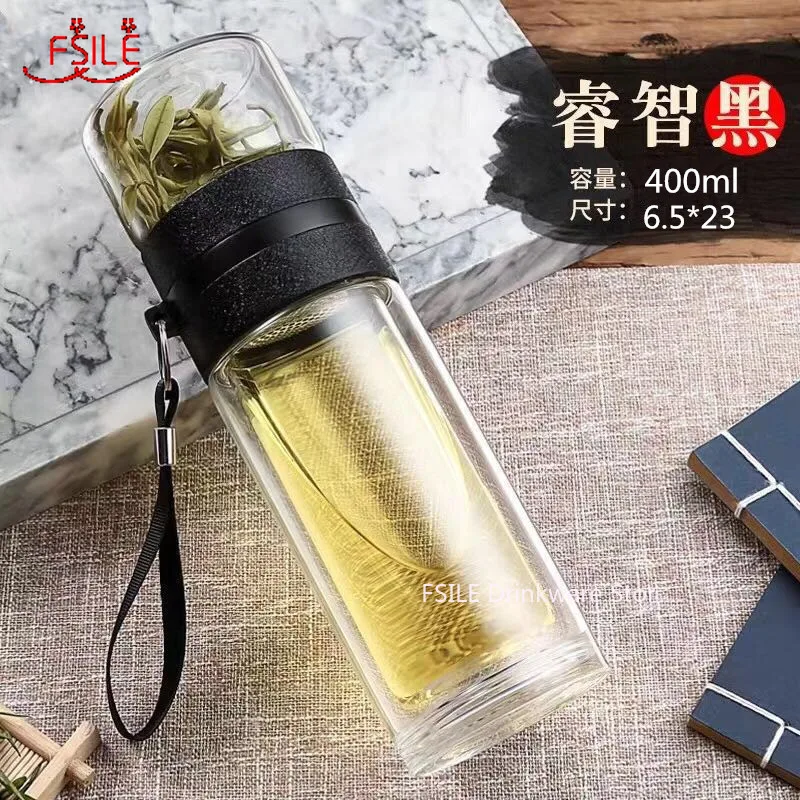 

400ml Double Layer High Temperature Heat Insulation Glass Water Bottle Tea Cup with Tea Septum Business Gift Cup
