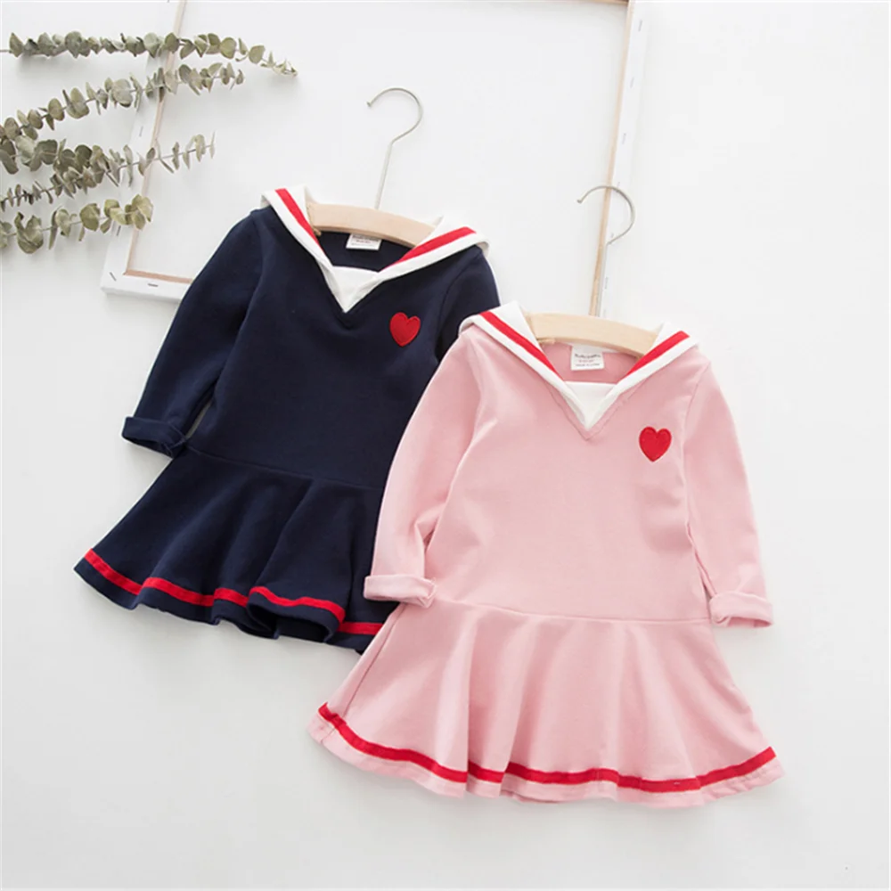 

Korean Style Kids Dresses For Girl Autumn Winter Long Sleeve Cute Cotton Navy Dress Children Outwear Princess Party Ruffle Dress