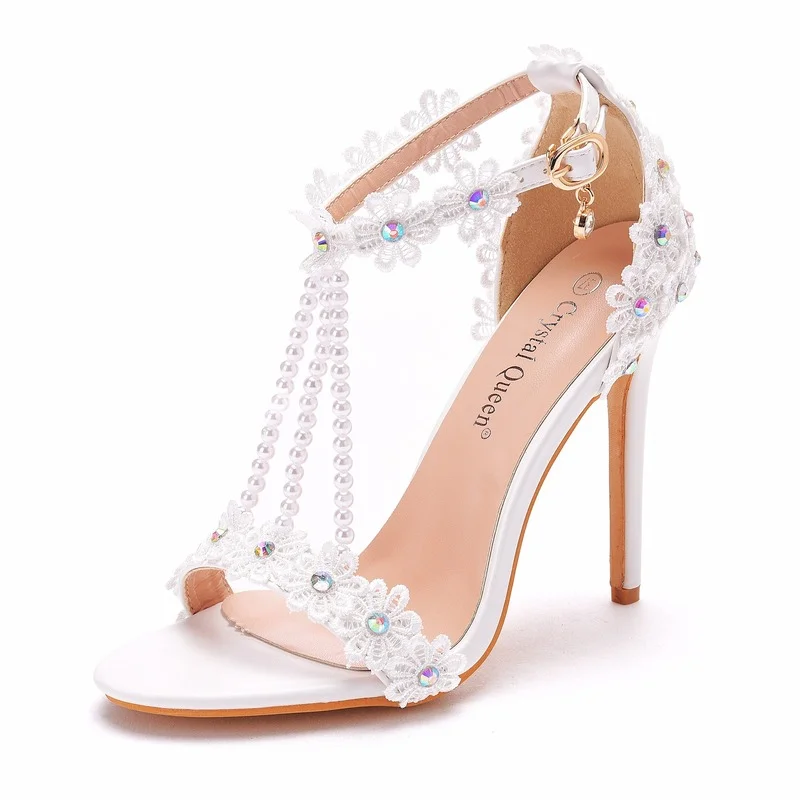 

Sandals white one-word buckle shoes stiletto fish mouth Roman open-toed sandals 11 cm beaded high-heeled sandals Wedding