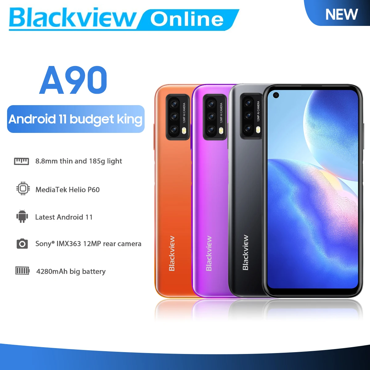 

Blackview A90 Android 11 Smartphone Helio P60 Octa Core 4GB+64GB Mobile Phone 12MP HDR Camera 4280mAh 4G LTE Telephone
