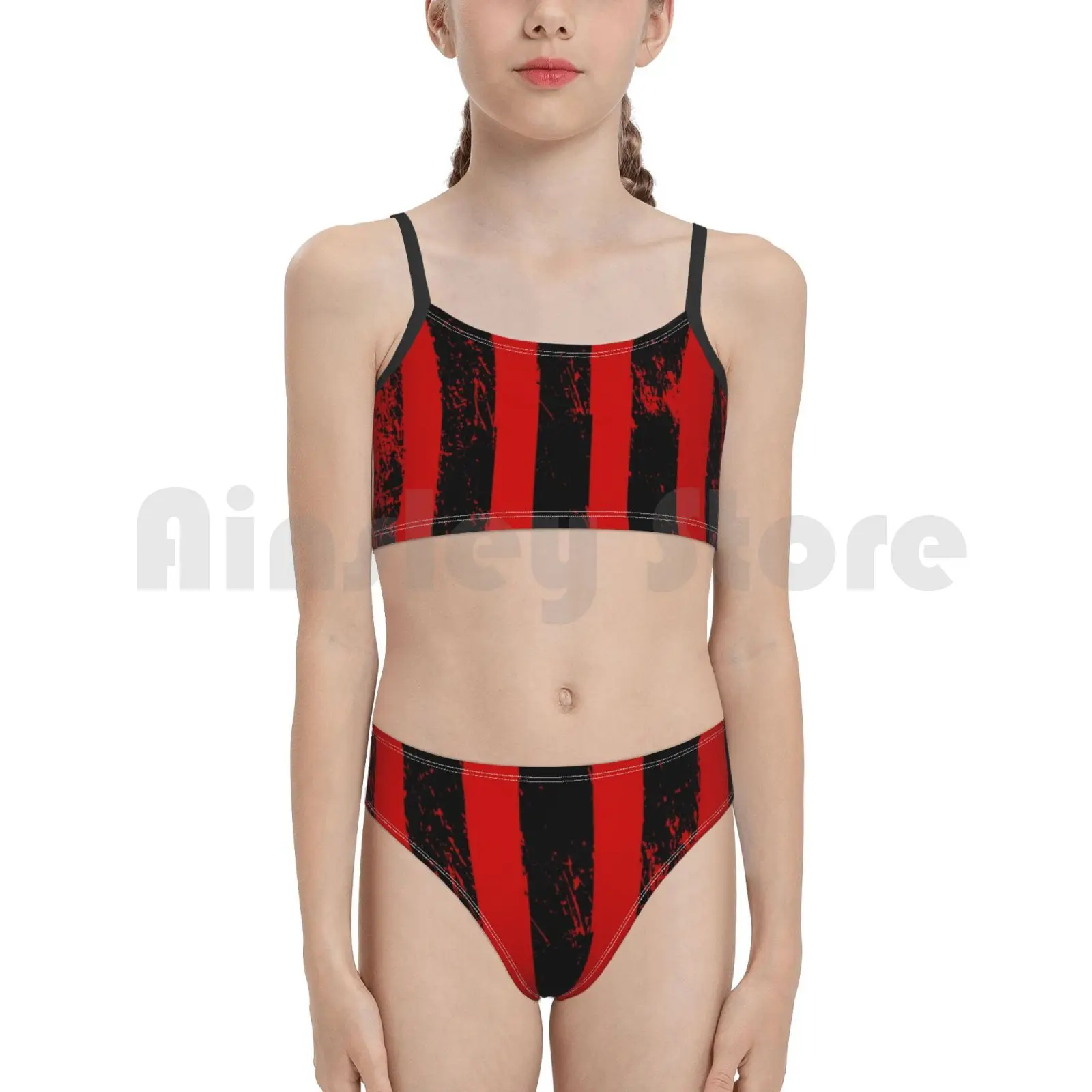 Купальник в красно-черную полоску бикини с подкладкой и высокой талией