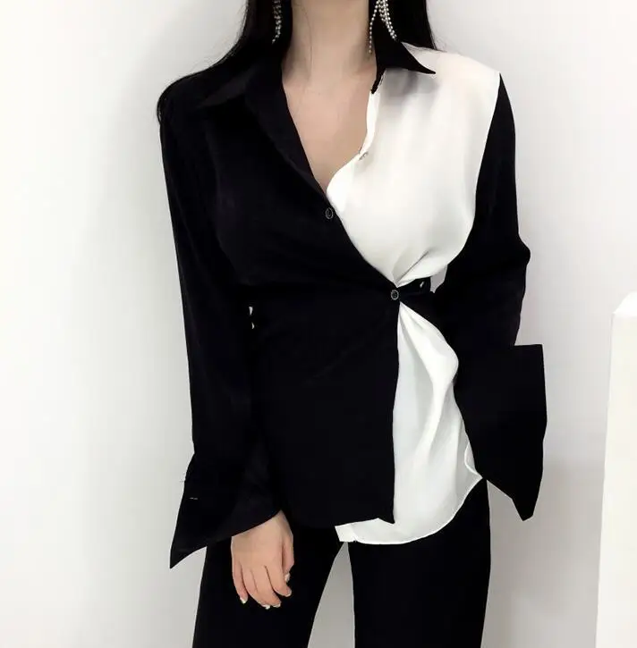 GRUIICEEN Корейская Осенняя Лоскутная цветная блузка с длинными рукавами женская