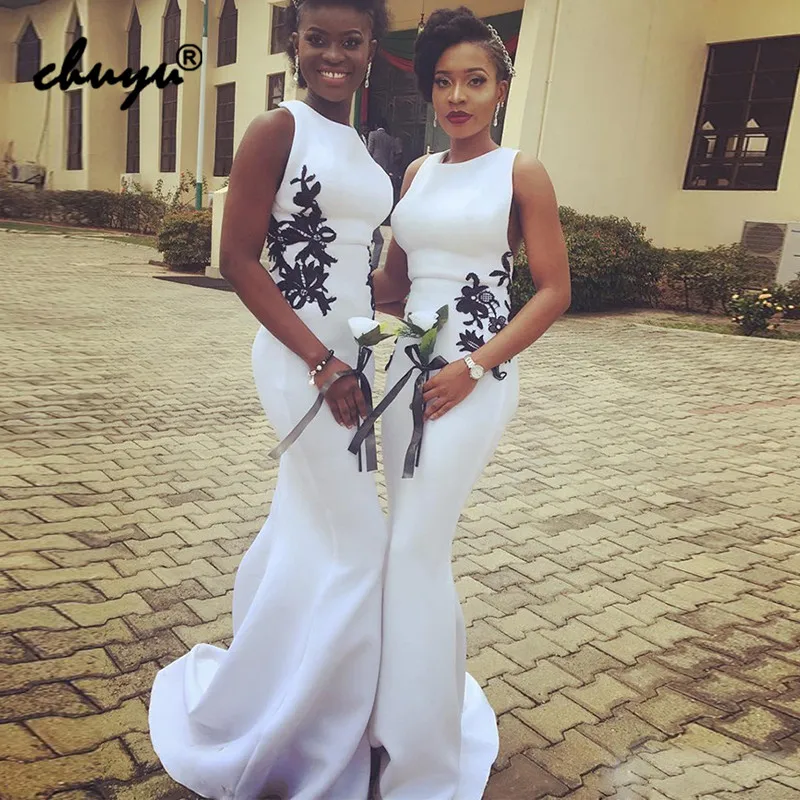 

White Cheap Bridesmaid Dresses Black Appliques Under 50 Mermaid Long Wedding Party Dresses Prom Dress