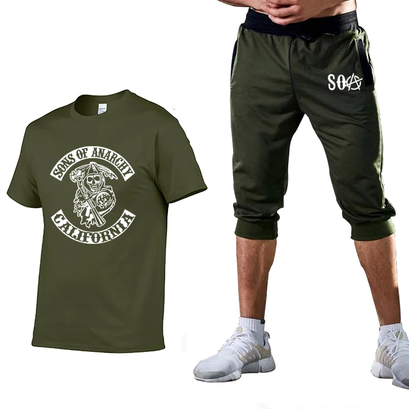 

Unisex SOA Sons of Anarchy Skull Printing Summer Cotton Short sleeve high Quality Round Neck Men's T-shirt+pants 2 piece suit