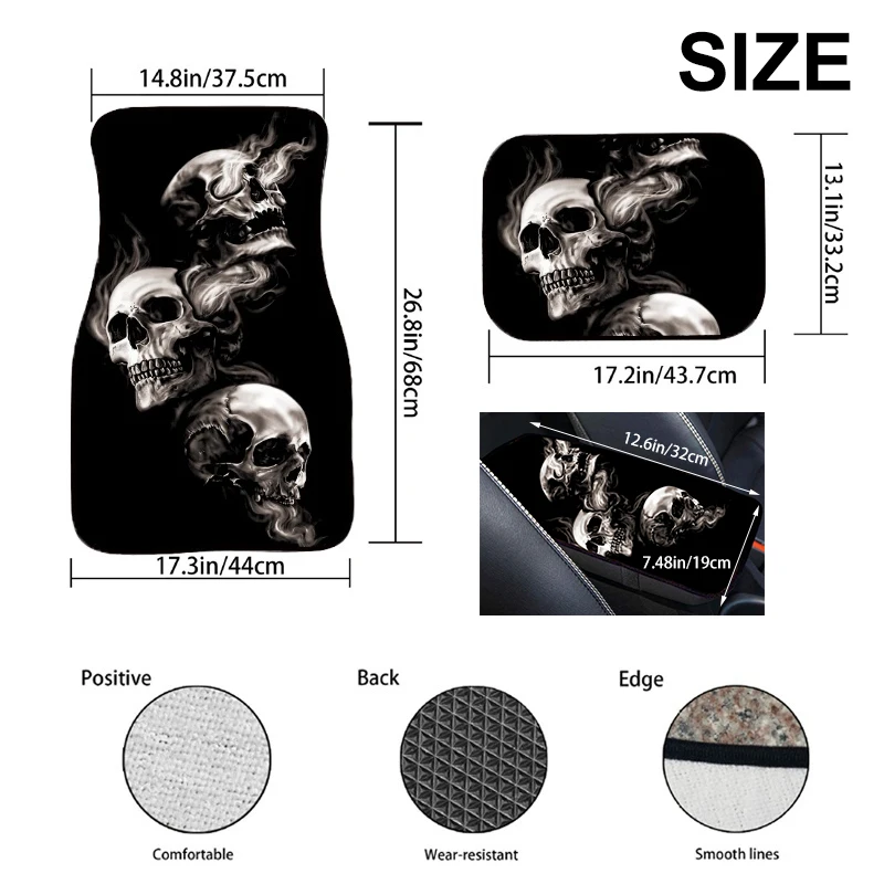 

1/2/4PCS Armrest/Front/Rear/Full Set Universal Purple Skull Car Floor Mat Auto Interior Decor Carpets 3D Printed Decor Floor