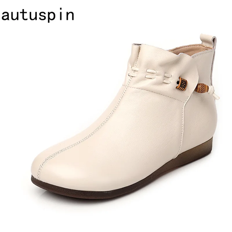 

Autuspin 35-43 Big Size Ankle Boots Women Genuine Cow Leather Retro Booties Winter Spring Keep Warm Plush Casual Shoes Handmade