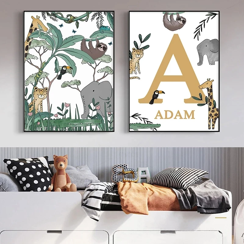 

Cartoon Jungle Animal Canvas Painting Custom Personalized Name Poster Wall Decor Art Monkey Giraffe Lepord Print Poster.