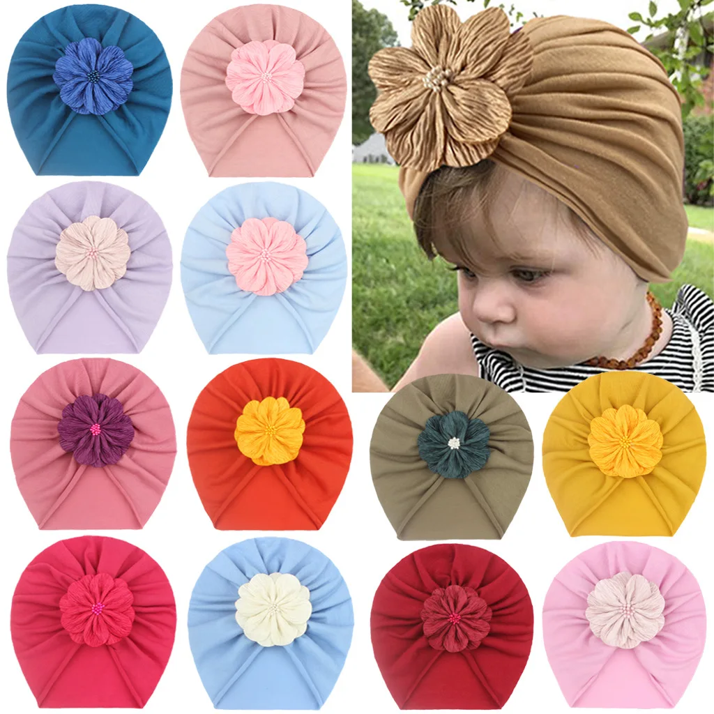Fashion Infant Soft Floral with Pearl Caps Winter Baby Girl Chiffon Beanie Hats Toddler Solid Color Turban Bonnet Child Headwear