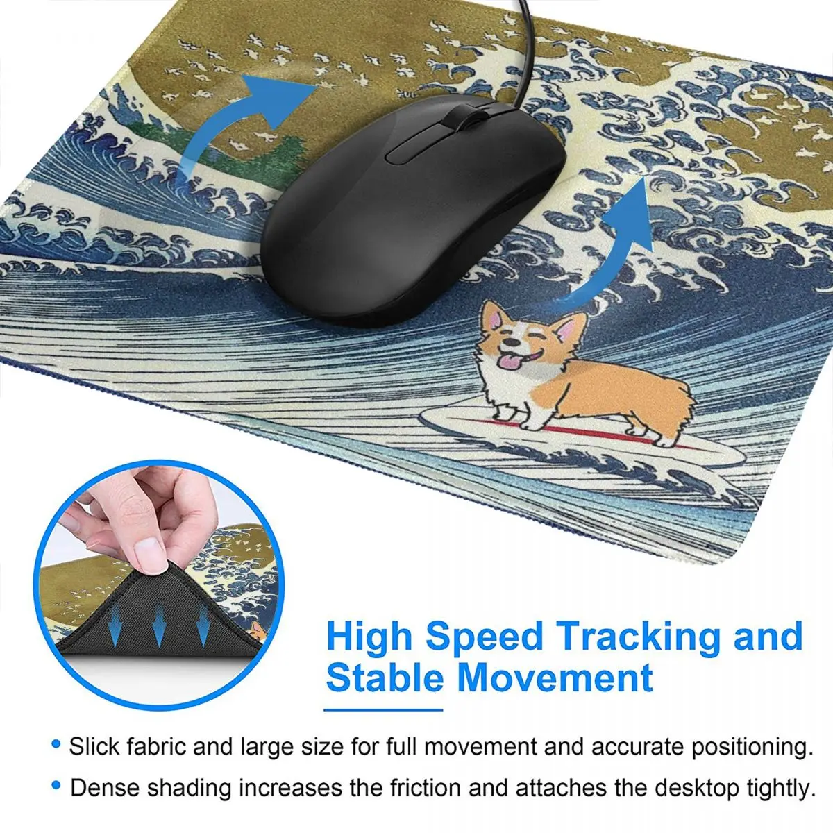 

Corgi Dog Surfing The Great Wave Novelty Mouse Pad Lockedge Soft Mat Rubber Computer Keyboard Desk Pad