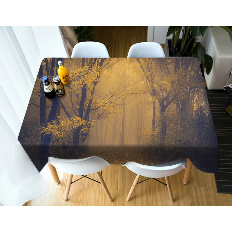 

3D Yellow Leaves Tablecloth Night Forest Tree Dustproof Dining Table Cloth Decor Wedding Polyester Natural Scenery Table Cover