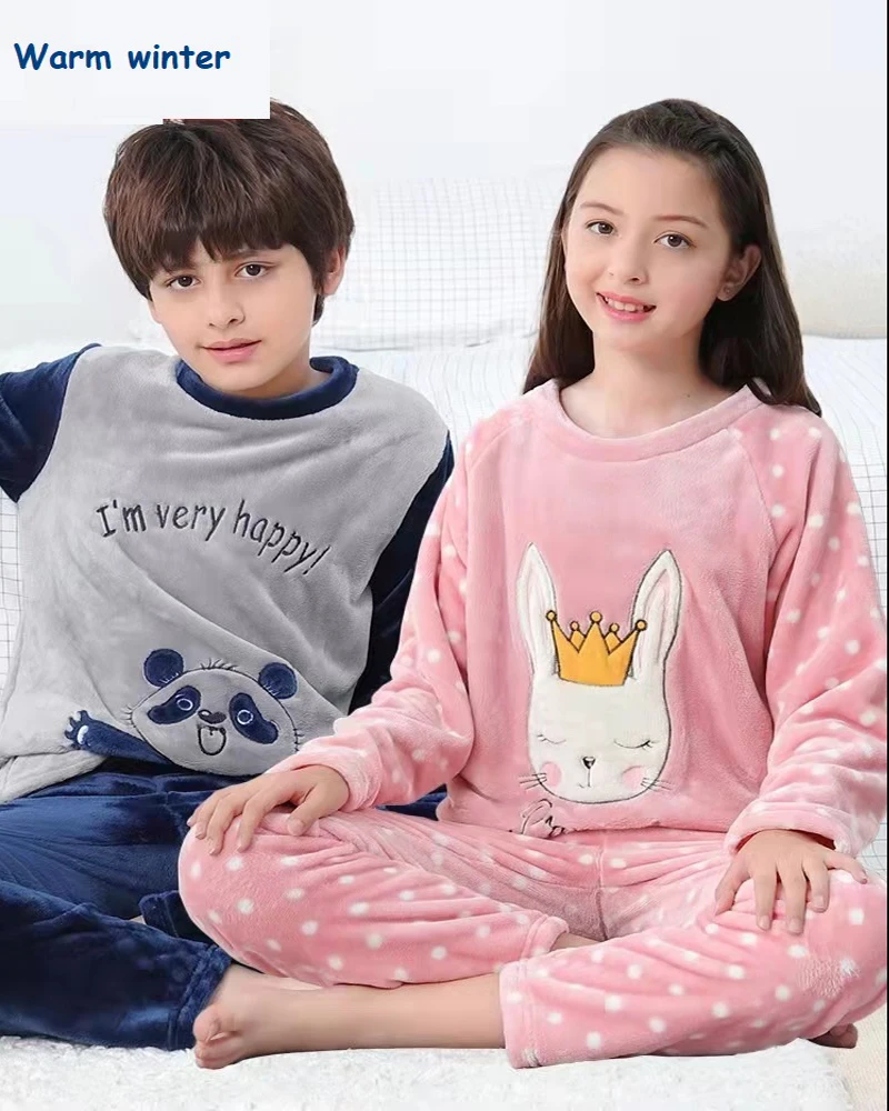 Pijamas de franela con dibujos animados para ni&ntilde;os y ni&ntilde;as, conjuntos de ropa de casa suave y c&oacute;moda, ropa c&aacute;lida de invierno, 120-160cm-1