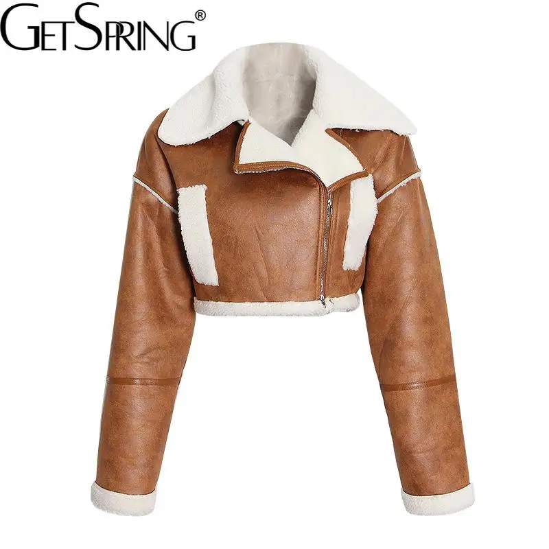 

Getspring женское кожаное пальто из овечьей шерсти, короткие кожаные куртки и пальто, женская теплая подкладка, винтажный топ из искусственной к...