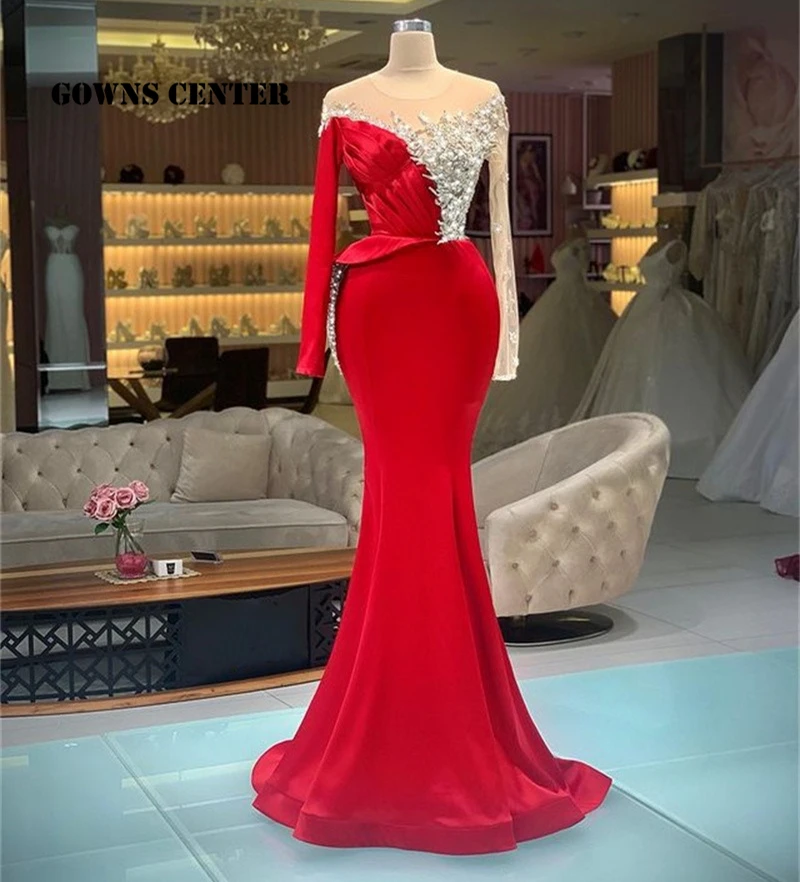 Элегантные красные вечерние платья с длинным рукавом, вечернее платье-Русалка с бисером, вечернее платье, вечерние платья