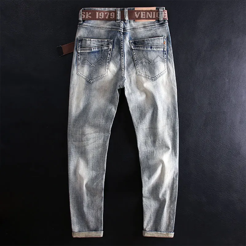 Newly Street Fashion Men Jeans Retro Light Blue Elastic Slim Fit Ripped Jeans Men Korean Style Embroidery Designer Casual Pants