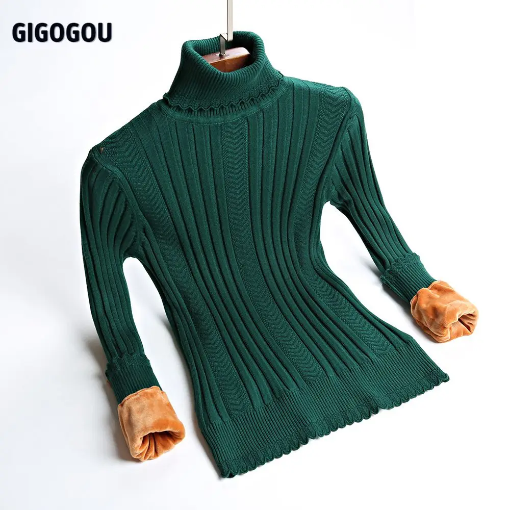 Plus Size S-2XL Thick Warm Women Pullover Sweater Fashion Knitted With Velvets Jumper Top Rib Silm Female Turtleneck | Женская одежда