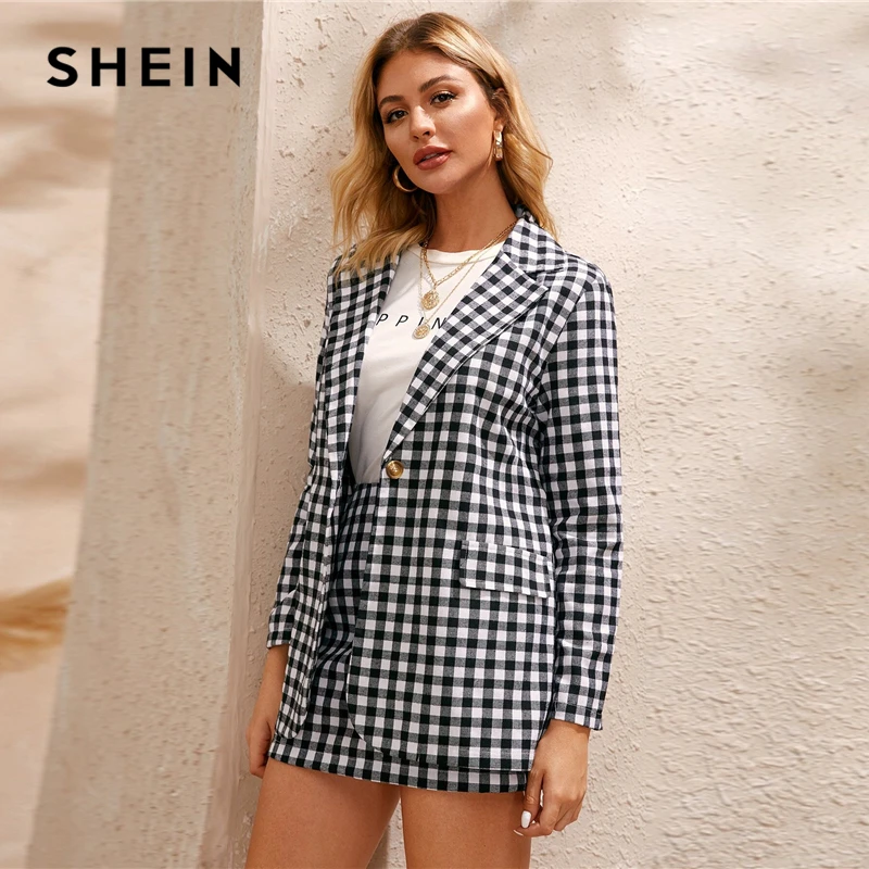 SHEIN черный и белый клетчатый принт на одной пуговице спереди Блейзер и юбка элегантный комплект для женщин осень с длинным рукавом Повседневные наряды