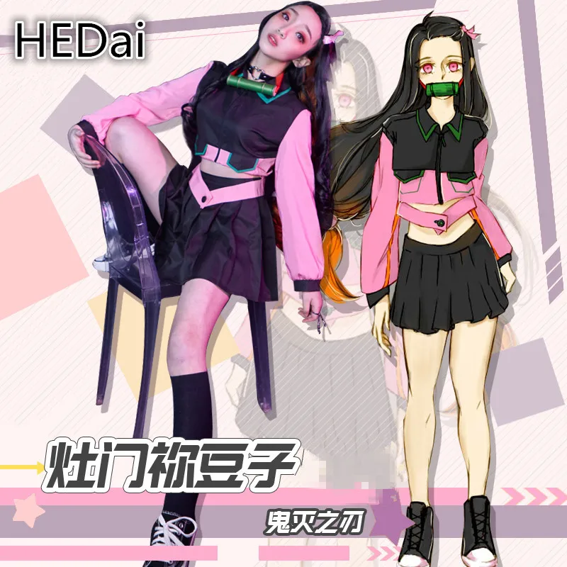 

Anime Cosplay Demon Slayer Kamado Nezuko Daily Cosplay Costume Full Sets Clothing Skirts+Top+Wig