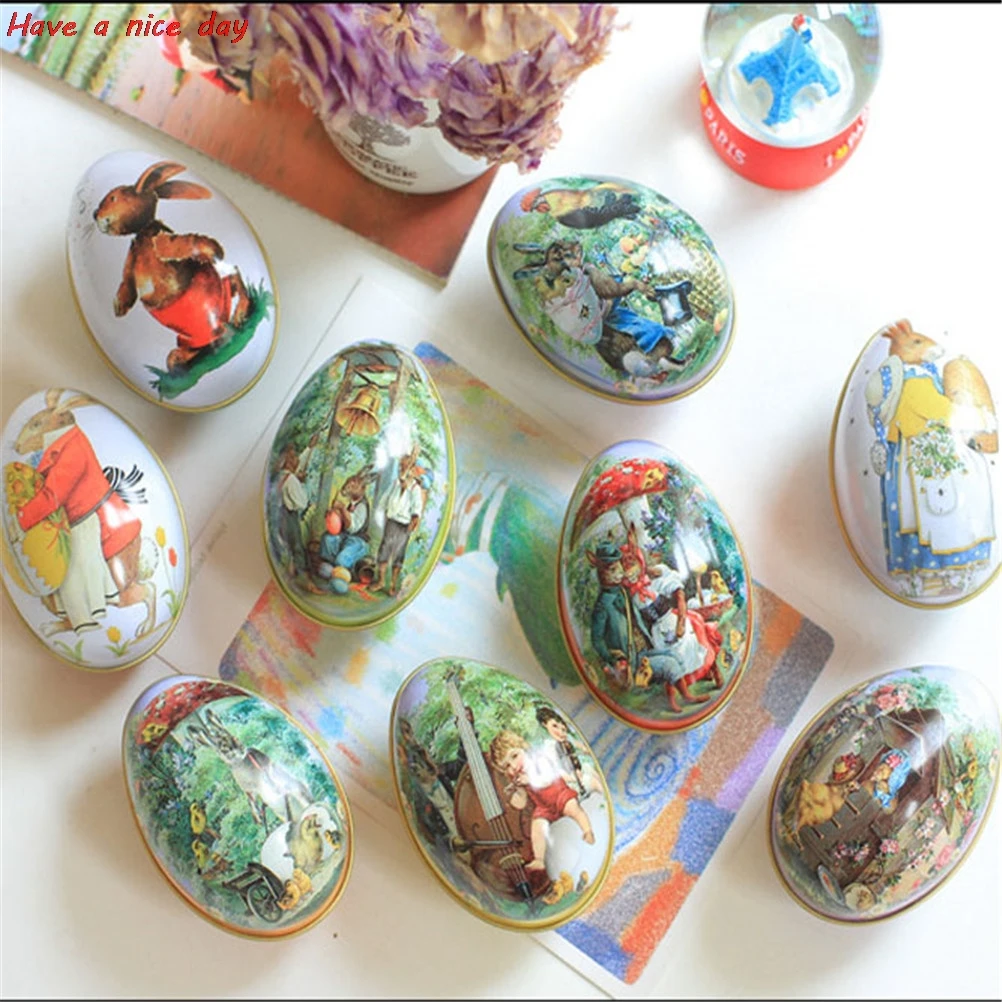 

Easter Eggs Shaped Candy Box Party Decoration Alloy Metal Trinket Tin Tinplate Case Easter Bunny Chick Printing