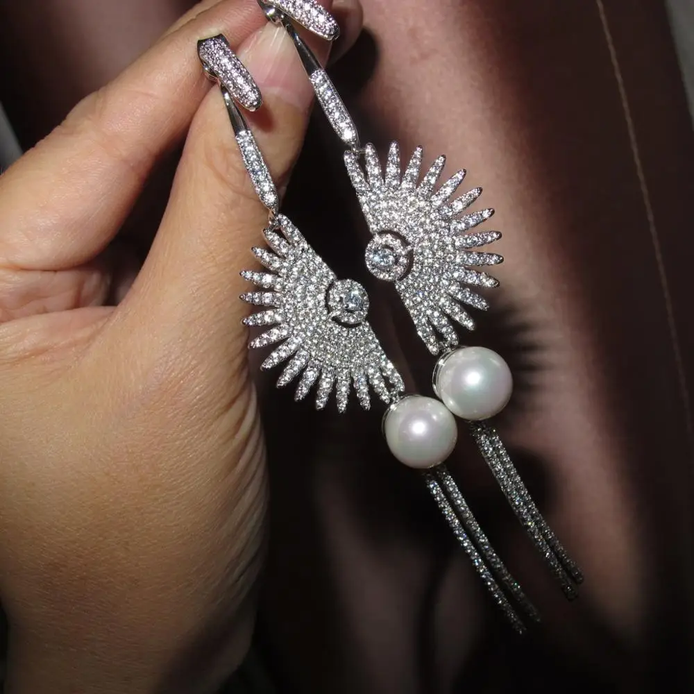 

Luxury designer Zircon geometric pearl Long tassel dangle Earrings Vintage wedding party jewelry