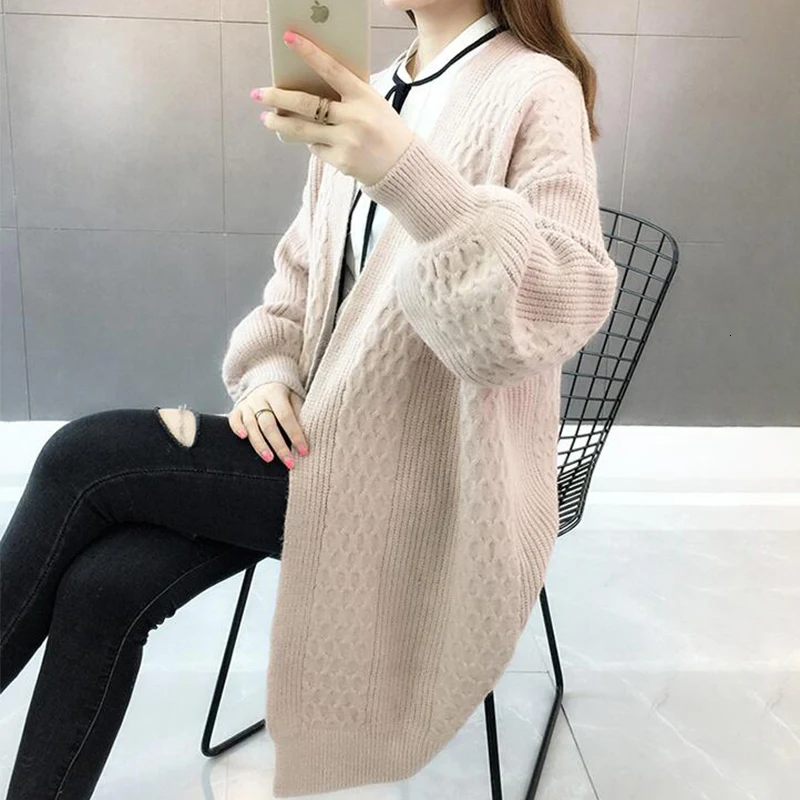 PEONFLY Loose Long Cardigan Women 2019 Autumn Winter Lantern Sleeve Sweater Female Casual Yellow Knitted Jacket |
