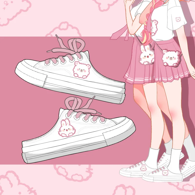 

Женские парусиновые кроссовки на шнуровке, розовые кроссовки с мультяшным принтом, милые повседневные туфли без каблука, для осени